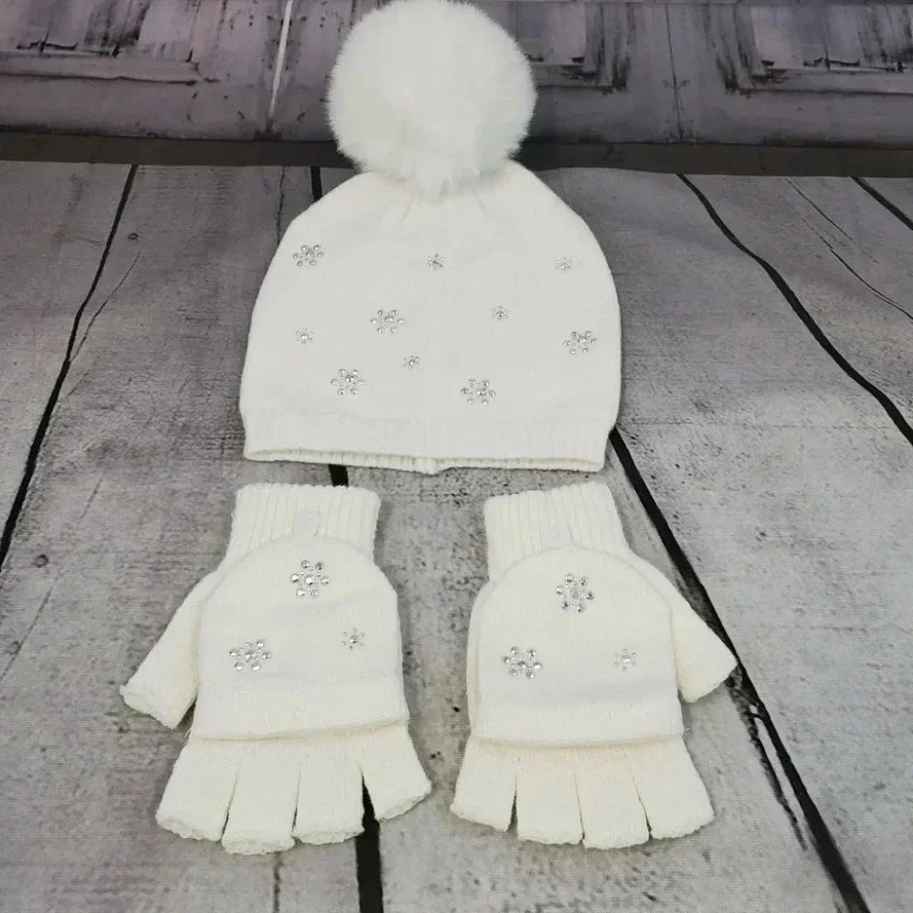 Girls White/Cream Sparkly Snowflake Knit Hat Beanie with Fingerless Glove set